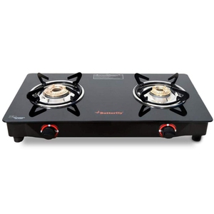 Butterfly Duo 2 Burner Glasstop Manual Gas Stove, Black