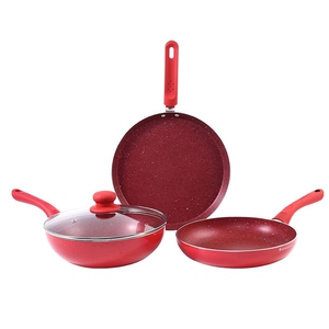 Royal Velvet Non-stick Cookware Set, 4Pc (Fry Pan with Lid, Wok, Dosa Tawa), Induction Bottom, 3mm, Red, 63152300