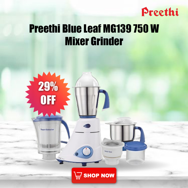 Preethi Blue Leaf MG139 750 W Mixer Grinder (4 Jars, White/Blue)